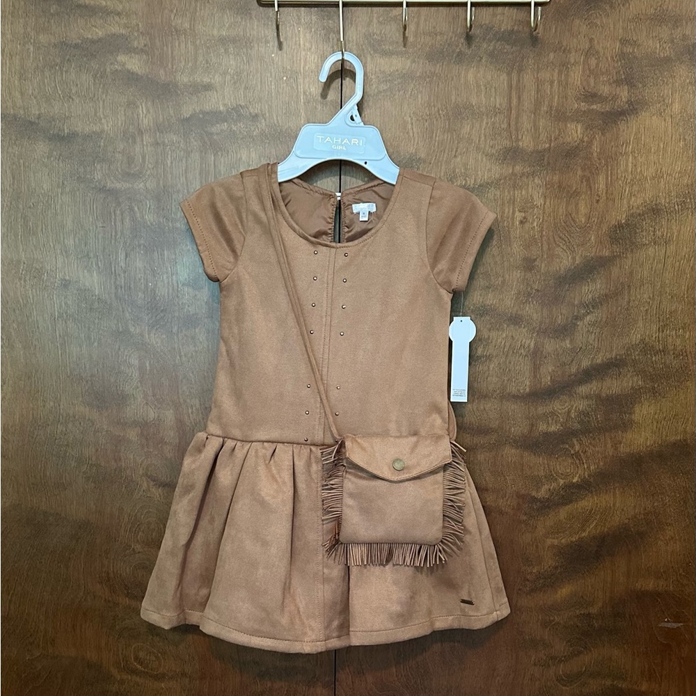Tahari Short Sleeve Drop Waist Fall Dress & Purse Set Girls 6 Brown Faux Suede